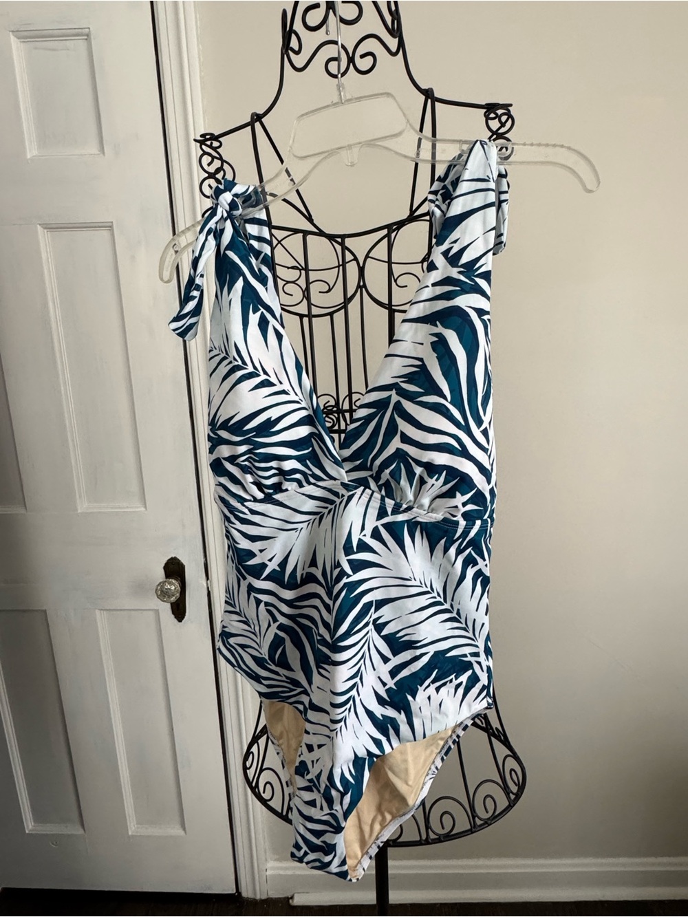 NWT White & Teal Palm-Print Tie-Shoulder Women's swimsuit